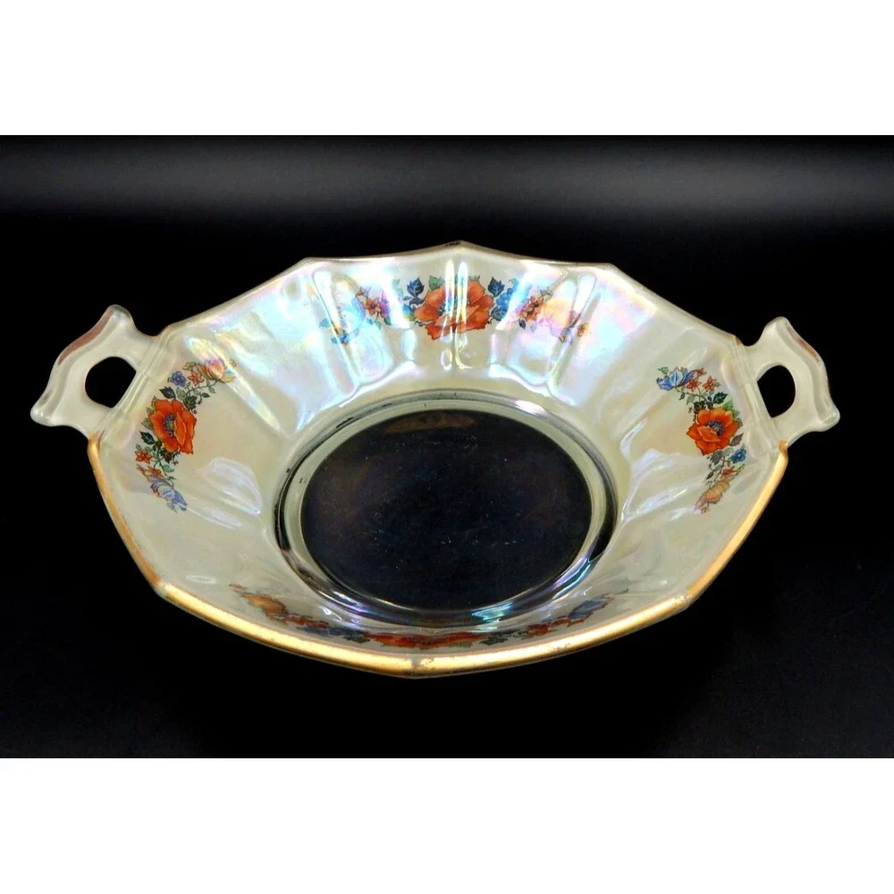 Glass Handled Serving Bowl Dish Floral Transfer Depression Glass 9 In Iridescent